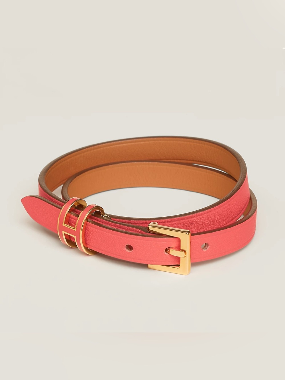 Hermes Pop H Rose Texas Double Tour Leather Bracelet Gold Hardware Authentic